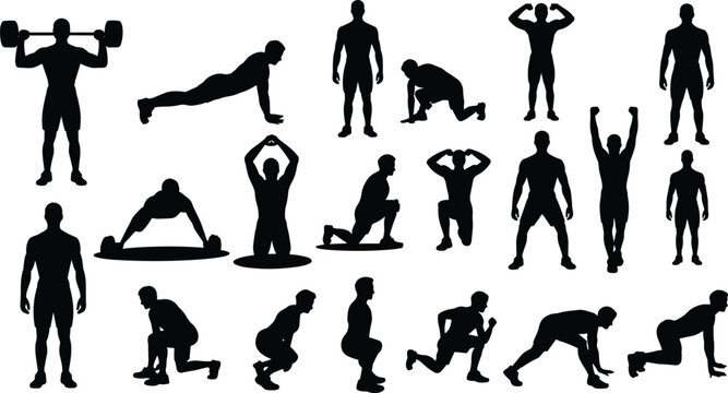 Bodybuilder and fitness training silhouette set, men workout poses with weights and exercises isolated black vector collection
