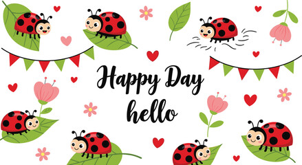 Cute ladybug pattern with flowers hearts and happy day text vector illustration © Garun Creative
