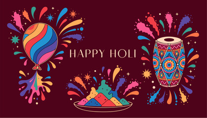 Obraz premium A vibrant vector graphic illustration celebrating Holi with colorful paint splatters, a balloon, and a drum