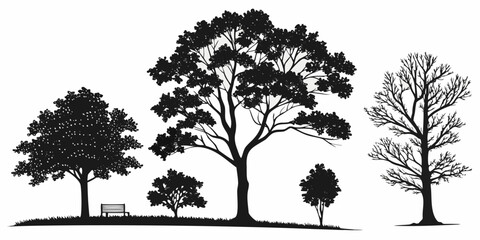 Fototapeta premium Silhouettes of four trees against a plain background showcasing varying foliage and shapes.