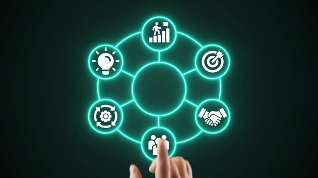 OLTP Online Transaction Processing Concept Illustration with Glowing Neon Icons Representing Strategy Success Teamwork and Efficiency in a Digital Network Environment.