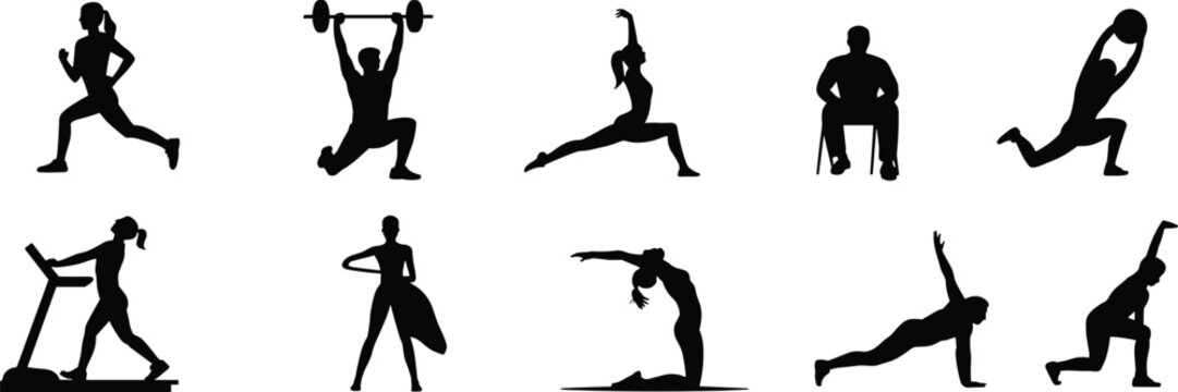 Fitness and workout silhouette collection, men and women training exercises isolated black vector illustration set