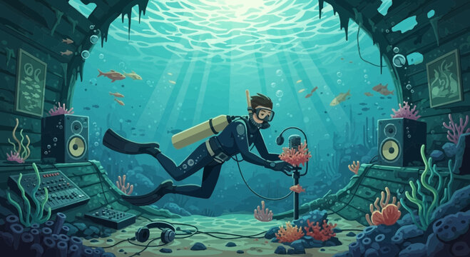 Scuba Diver Exploring Underwater World with Music Equipment.
