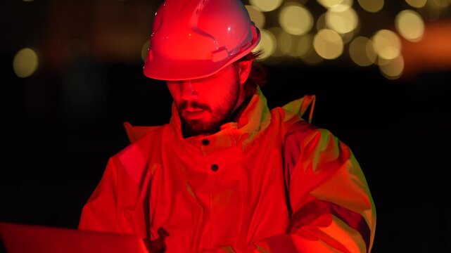 Focused male industrial engineer working late night shift under red emergency warning light. Professional worker wearing safety helmet inspecting factory operation outdoor.