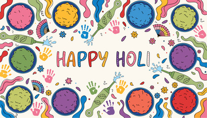 A vibrant and colorful illustration celebrating Holi with paint splatters and handprints