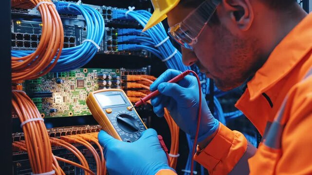 Technician tests network cables with multimeter in server room datacenter. Engineer checks ethernet cable connections. Technician uses multimeter testing cables. IT network maintenance work.