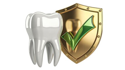 Tooth with protection shield and check mark isolated on white background