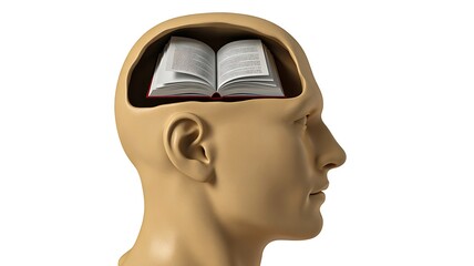 Human head with open brain and book knowledge concept isolated on white background