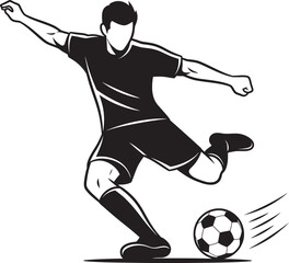 Naklejka premium Dynamic black silhouette of a soccer player striking a ball with high-energy momentum. Ideal for football club branding, tournament logos, and athletic apparel. High-quality vector art.