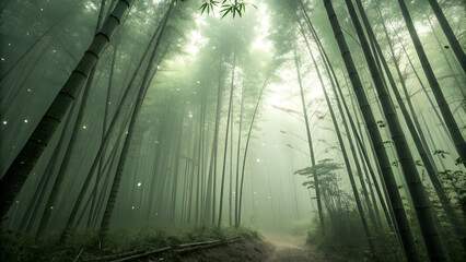 Tall dense bamboo forest, thin beams of sunlight cutting through thick mist, floating dust particles illuminated, green monochromatic palette, cinematic depth.