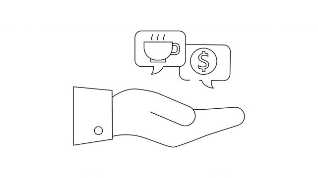 Hand Offering Coffee for Money - Line Art Illustration.