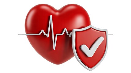Red heart with heartbeat line and protection shield isolated on white background