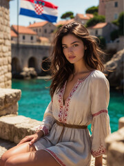 Fototapeta premium Woman in traditional dress by the sea with Croatian flag