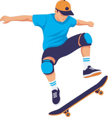 Obraz premium Dynamic vector illustration of a skateboarder in a blue tee and orange cap performing an ollie jump. Perfect for skate shop branding, extreme sports promos, and urban lifestyle graphics.