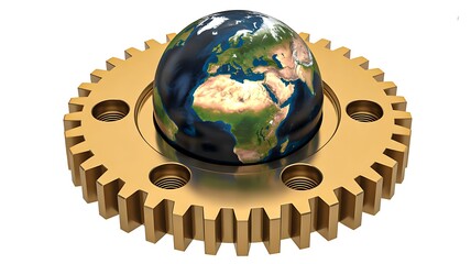 Globe on gear representing global industry and engineering concept isolated on white background