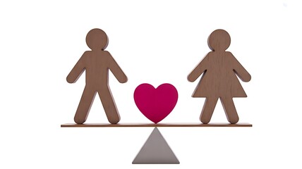 Male and female figures balancing heart on scale isolated on white background