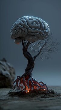 Bioluminescent brain tree with glowing roots emerges from dark soil and rocky terrain