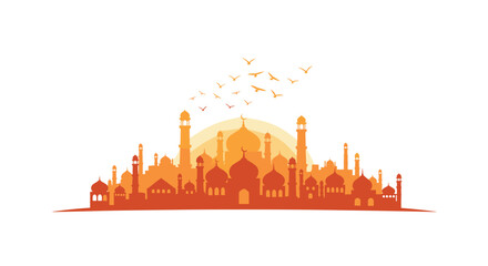 Obraz premium A solid orange silhouette of a mosque skyline, featuring numerous domes and minarets, is depicted with a sun and flying birds against a clean white background.