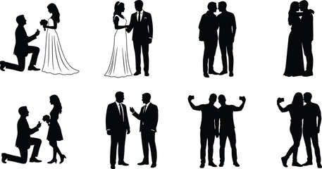 Romantic couple silhouette collection featuring proposal engagement love wedding moments hugging kissing standing partners isolated vector illustration set