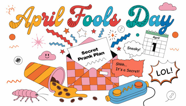 A colorful vector illustration celebrating April Fools' Day with a secret prank plan and playful design elements.
