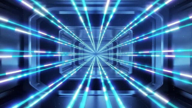 Futuristic blue neon light tunnel with dynamic energy and motion