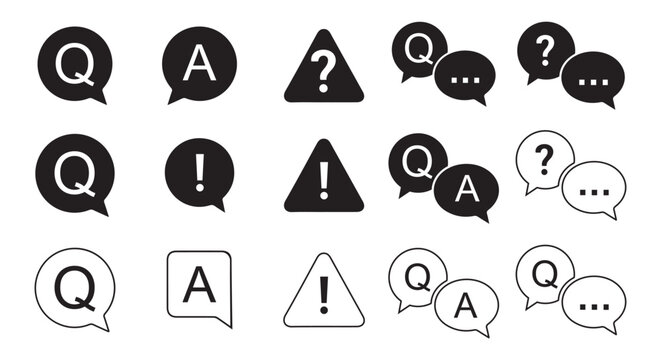 Collection of black and white communication icons including question answer speech bubbles exclamation marks and ellipses representing conversation alerts and inquiries