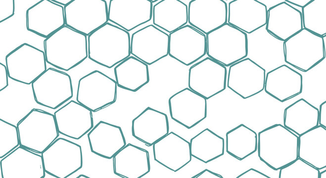 Abstract hand drawn turquoise hexagon honeycomb pattern with irregular organic lines on gray checkered background design