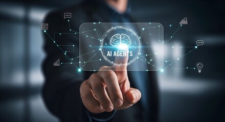 Fototapeta premium Futuristic Ai Agents Concept with Glowing Digital Brain and Network Connections on Transparent Screen