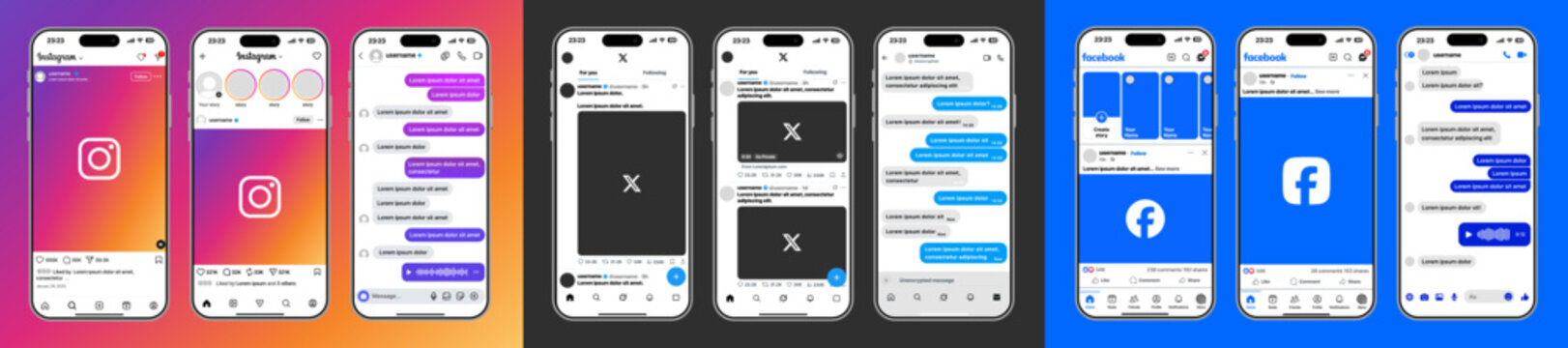 Instagram X Twitter Facebook 2026 UI Set with Post, Story, Reels, and Direct Messenger DM Screens, Social Media Feed Layout, Chat Threads, Interactive Mobile App Interface Mockup, vector illustration.