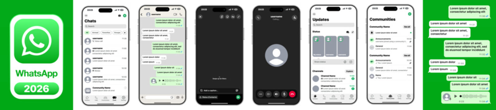 WhatsApp Mobile Interface Mockup Featuring Chat Conversation Call Screen Communities Updates Contact List Messaging Layout 2026 Social Media App UI Screens Carousel Post