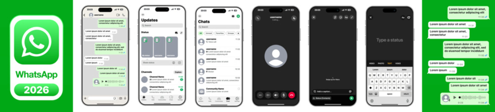 WhatsApp 2026 Mobile App UI Mockup Showing Chat Threads Updates Status Screen Voice Call Interface Contact List Typing Keyboard Message Bubbles Notifications and iPhone Messaging Dashboard

