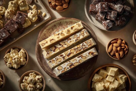 Turron bars alongside bowls of nuts on rustic table. Warm lighting creates cozy atmosphere. Concept of festive Spanish treats, nougat honey almond blend delightfully arranged.
