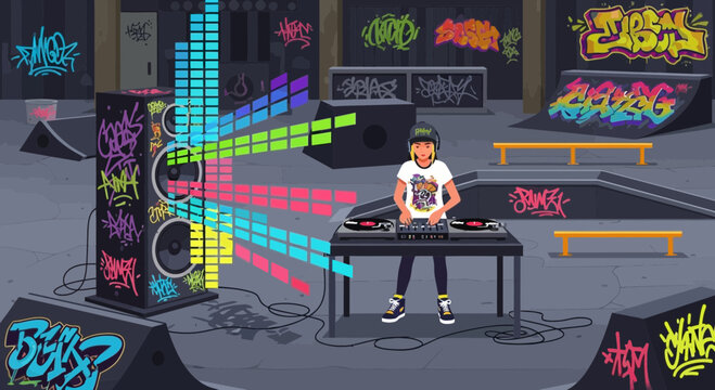 Young DJ mixing music at a vibrant outdoor skate park.