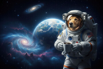 Dog astronaut with a cup of coffee in outer space.