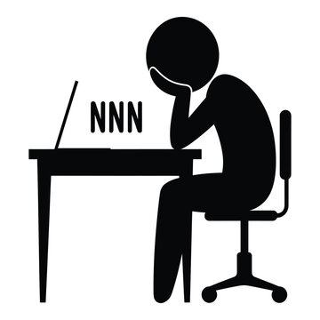 Stick figure working at laptop with letter nnn on screen showing stress and fatigue