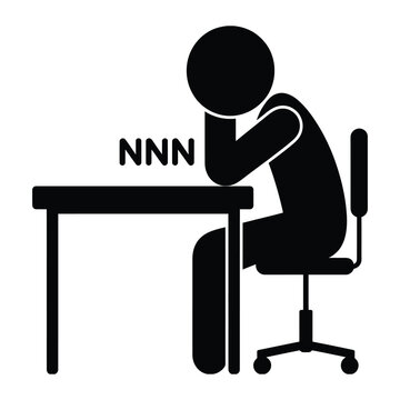 Stick figure working at laptop with letter nnn on screen showing stress and fatigue
