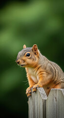 Obraz premium Close-Up of Squirrel on Wooden Fence. Wildlife Portrait. Animal Photography. Cute Brown Squirrel Sitting on Fence with Green Background