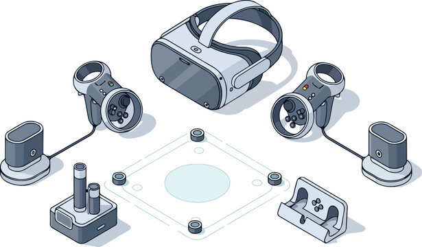 Virtual reality headset and controllers laid out on a flat surface with various peripherals connected