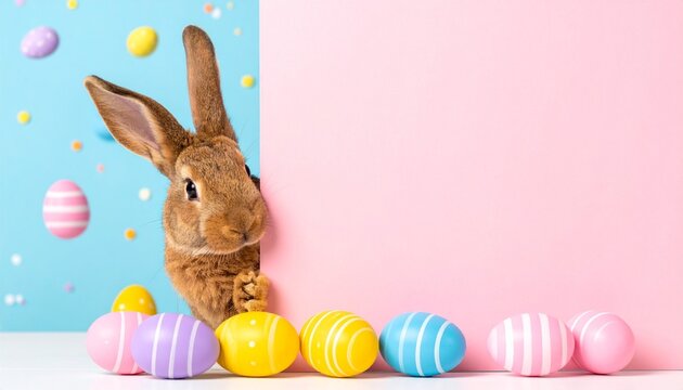 Rabbit peeking behind pink sheet with eggs