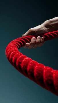 A hand grasps a thick, twisted red rope against a dark, textured background