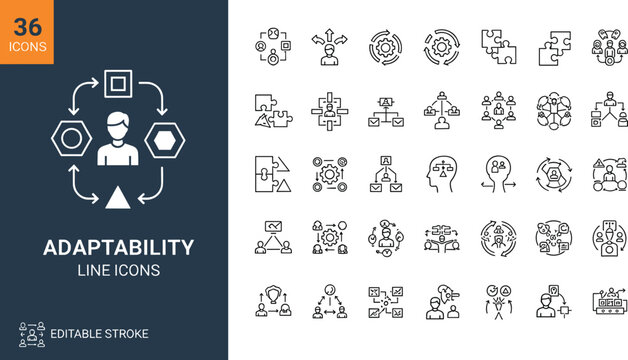 Set of 36 dark theme adaptability line icons for professional flexibility change management and agile transformation