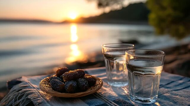 Dates and water simple meal at sunset, breaking fast ritual, iftar spiritual tradition, twilight religious nourishment, evening meal setting, defocused sunset background, with