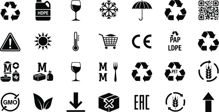 Packaging and Recycling Symbols Icons Set Black Silhouette Vector