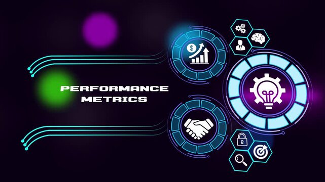 Performance Metrics and data analysis concept animation, business growth statistics and KPI icons on digital background, 4K motion graphics.