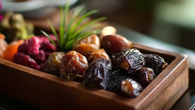 Dates and water simple meal on wooden tray, iftar breaking fast, spiritual nourishment display, religious food presentation, traditional serving arrangement, defocused tray