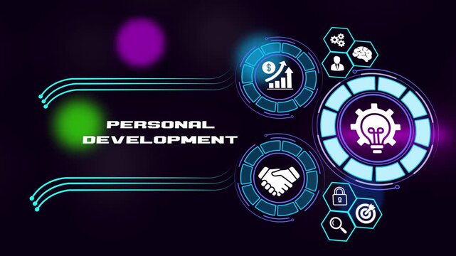Personal Development and self improvement concept animation with professional skill icons.