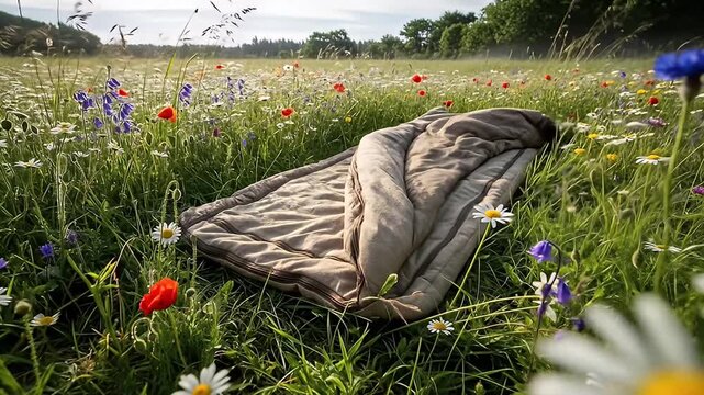 Rolled tan bedroll lies in sunlit field of tall grass and blooming wildflowers