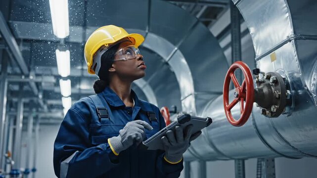 Female engineer inspects pipeline valve using tablet at factory. Woman worker checks valve in industrial facility. Engineer with tablet inspects pipeline. Woman examines factory equipment.