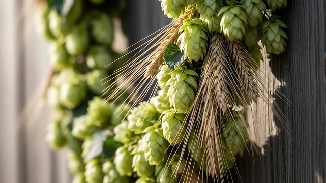 Close-up of a decorative wreath made of hops and wheat against a rustic wooden background