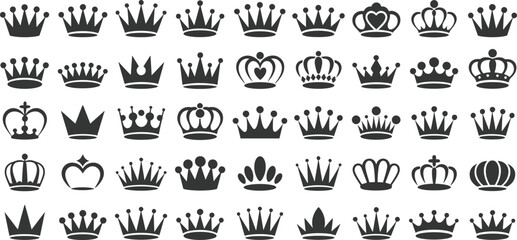 Large set of royal crown silhouettes and tiara icons, queen and king jewelry symbols, luxury imperial headwear vector isolated collection © Atik
